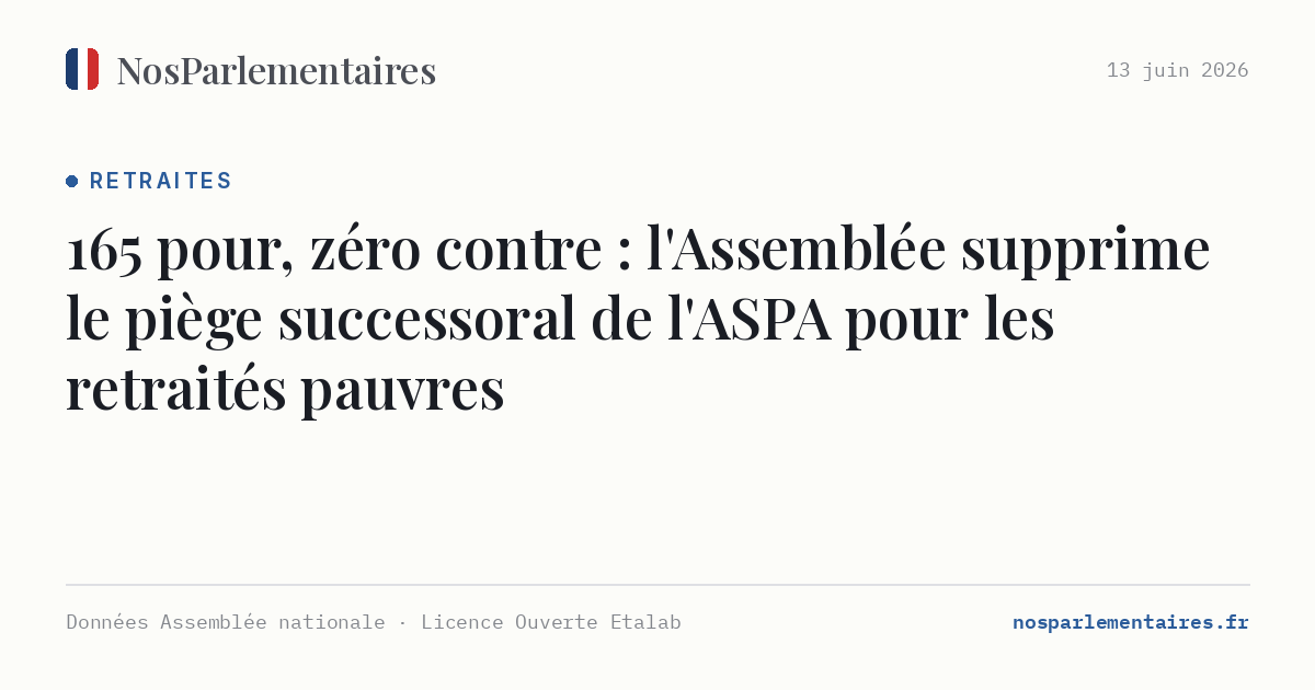 165 pour, zéro contre : l'Assemblée supprime le piège successoral de l'ASPA pour les retraités pauvres