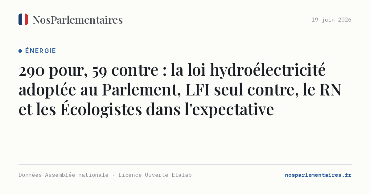 290 pour, 59 contre : la loi hydroélectricité adoptée au Parlement, LFI seul contre, le RN et les Écologistes dans l'expectative